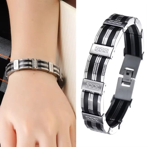 Men's fashion steel and black silicone bracelet with engraved cross pattern and buckle