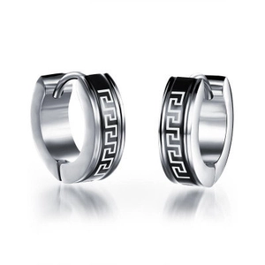 Orecchini Huggie in Acciaio al Titanio Vintage con Greca a Meandro Neri Argento Cerchi Punk Gothic Gioielli per Uomo Donna
