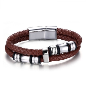 Men's Braided Leather Bracelet With Stainless Steel Magnetic Clasp Brown Double Strand Modern Fashion Jewelry For Men Daily Wear