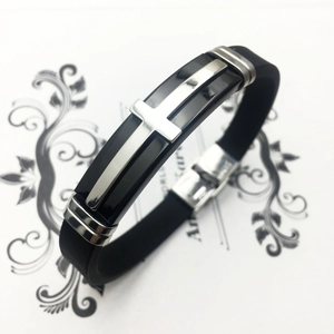 Men's fashion black silicone bracelet featuring a silver stainless steel cross and buckle
