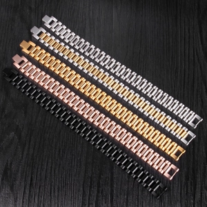 Detail of stainless steel watch band bracelets in silver, gold, rose gold and black
