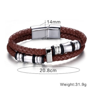 Brown braided leather bracelet with silver magnetic clasp and stainless steel accents