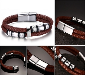 Men's double-layered brown braided leather bracelet with silver magnetic metal clasp