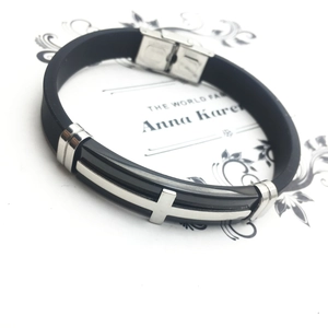 Men's fashion black silicone bracelet with stainless steel cross and metal stripe accents