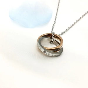 Titanium steel interlocking rings necklace with crystal inlay and love engravings