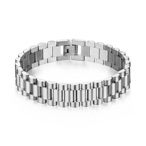 Polished silver stainless steel watch band style bracelet with a secure fold-over clasp