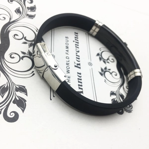 Men's stylish black silicone bracelet with silver stainless steel fold-over clasp