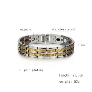 Men's titanium steel magnetic therapy bracelet with gold plating 13mm wide 21.5cm long
