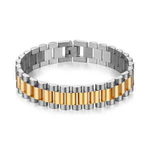 Two-tone silver and gold stainless steel men's bracelet with watch band style links