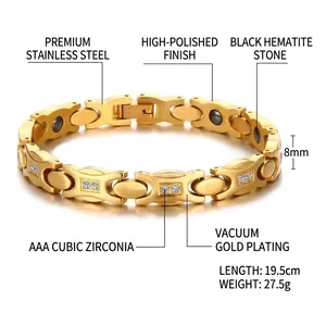 Bracelet magnétique en acier inoxydable plaqué or IP avec pierres CZ et hématite