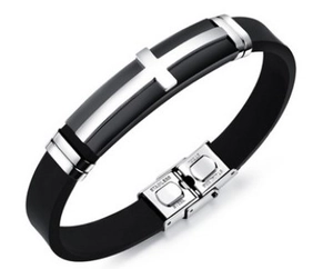Men's black silicone bracelet with stainless steel cross inlay and folding clasp