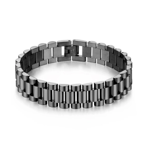 Classic men's stainless steel watch-style link bracelet in matte and polished black finish