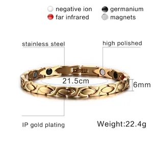 Polished gold magnetic therapy bracelet for women in stainless steel with 21.5cm length
