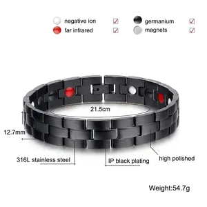 Bracelet magnétique en acier titane noir poli pour hommes avec incrustations de pierres