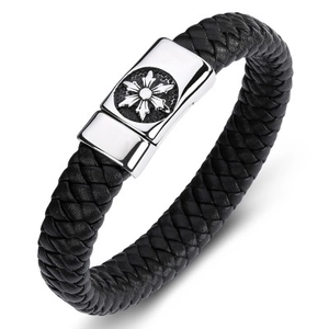 Herren Vintage Schwarz Geflochtenes Lederarmband Silber Legierung Verschluss Punk Gothik Stern Relief Armreif Schmuck