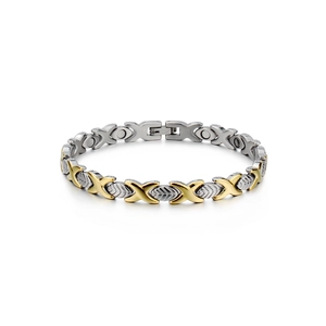 Macro detail of magnetic titanium steel bracelet showing leaf textures and gold X links