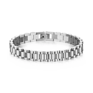 Detail view of silver stainless steel president style link bracelet with a folding clasp