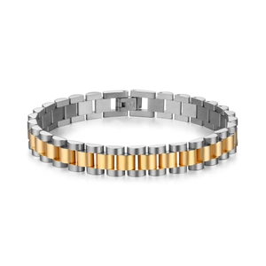 Macro detail of stainless steel watch-style bracelet with silver and gold finish