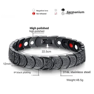 Detail of 316L black stainless steel magnetic health bracelet with scale texture