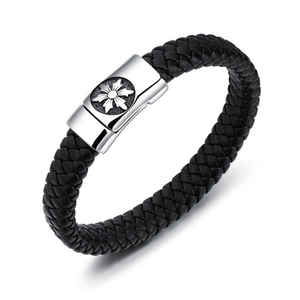 Retro geflochtenes Lederarmband für Herren mit silberner floraler Reliefschließe