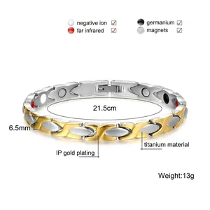 Titanium magnetic therapy bracelet with two-tone gold plating and 4-in-1 health elements