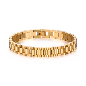 Macro detail of gold stainless steel bracelet with president-style watch band links