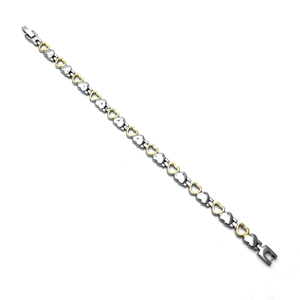 Two-tone silver and gold stainless steel heart link bracelet with secure clasp