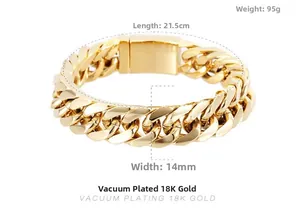 Detail view of 18K gold plated men's Cuban link bracelet with 14mm width and box clasp