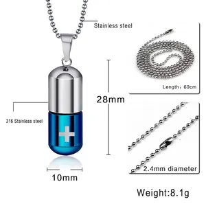 Pendentif capsule bicolore en acier inoxydable avec détails des dimensions du bijou