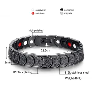 Men's black plated titanium steel magnetic therapy bracelet with health stones