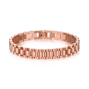 Detail of rose gold stainless steel watchband link bracelet with material stamp