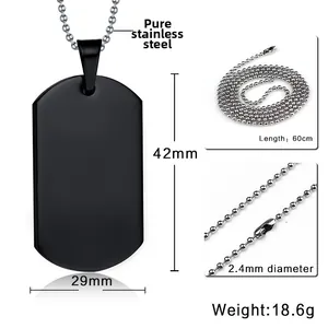 Detail view of black matte stainless steel dog tag pendant with chain length specifications