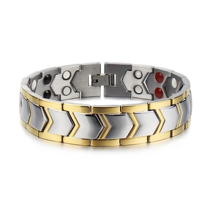 Bracelet de Magnétothérapie en Acier Titane à Double Rangée pour Hommes Bicolore Or Argent Maillon en V Bijoux de Mode