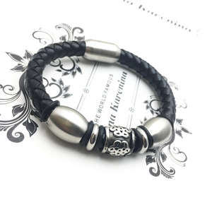 Men's woven black leather bracelet with silver polished stainless steel magnetic clasp