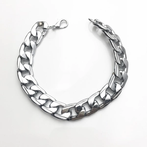 Bracelet Homme Hip Hop Maillons Cubains Acier Inoxydable Ton Argent Chaîne Gourmette Lourde Avec Texture Gravée Fermoir Homard Bijoux Biker