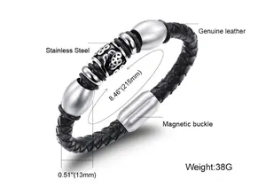 Men's black braided leather bracelet with stainless steel beads and magnetic clasp