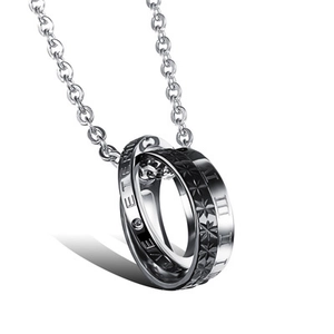 Double ring pendant necklace in silver stainless steel with engraved love symbols