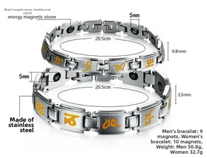 Détails des bracelets en acier avec mantra doré et pierres magnétiques intérieures