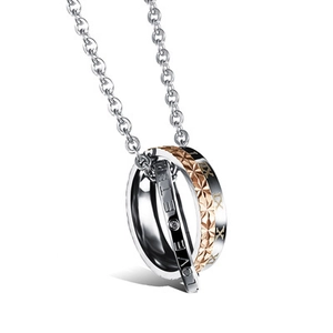 Double ring pendant necklace with Love Eternity engraving and rose gold geometric band
