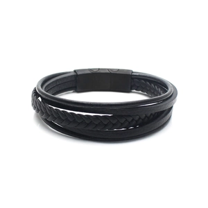 Bracelet multicouche en cuir tressé noir avec fermoir magnétique en métal noir mat