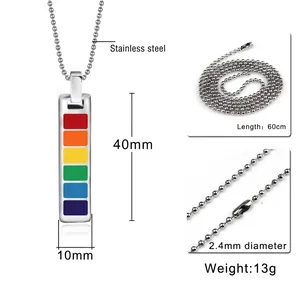 Rainbow rectangle pendant stainless steel necklace with bead chain shown in full dimensions