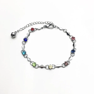 Fashion Alloy Geometric Link Rhinestone Bracelet For Women Multicolor Red Blue Green Bracelet With Bell Pendant Adjustable Chain Jewelry