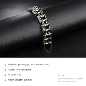 Detail showing two-tone gold motorcycle chain bracelet with 15mm width in stainless steel