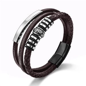 Bracelet Multicouche en Cuir Marron pour Hommes avec Fermoir Magnétique en Acier Inoxydable Tressé Punk Rétro Bijoux Géométriques Cadeau