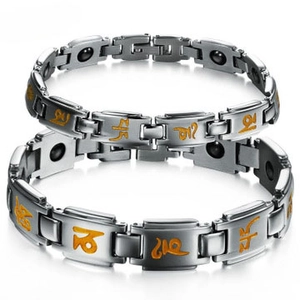 Bracelet de Santé Magnétique en Acier au Titane pour Couples Mantra des Six Syllabes Bijoux Religieux Bouddhistes Or Argent