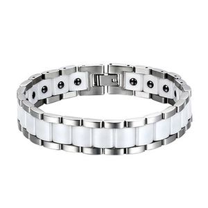 Bracelet de Magnétothérapie en Acier au Titane Poli et Céramique pour Homme Argent Blanc Bicolore Géométrique Bracelet à Maillons