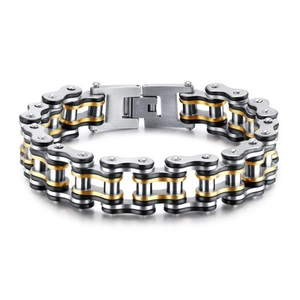Three-tone stainless steel bike chain bracelet in black, gold and silver finishes