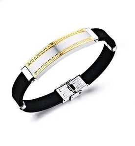Men's Fashion Stainless Steel Bracelet Black Silicone Strap Gold Silver Greek Key Pattern Meander Design Bangle Jewelry Gift