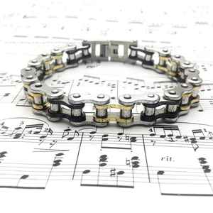 Classic tri-color bicycle chain bracelet in silver gold and black stainless steel for men