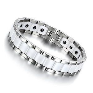 Bracelet de santé magnétique en acier inoxydable et céramique blanche avec fermoir à rabat